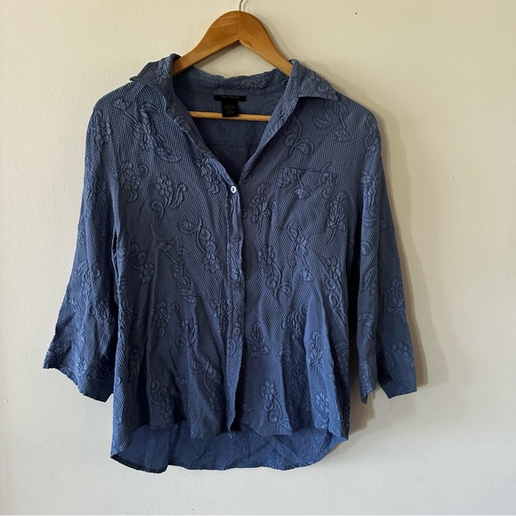 Vintage 90s y2k 100% silk Anne Carson blue textured button up blouse (binW4) - Picture 3 of 6